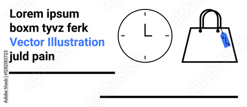 Modern line art of a clock, shopping bag with a price tag, and placeholder text. Ideal for e-commerce, retail, time management, marketing, branding, sales strategies flat landing page banner