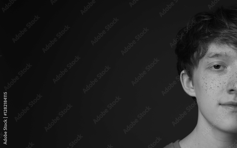 Obraz premium Teenage boy with freckles on dark background, black and white effect. Space for text