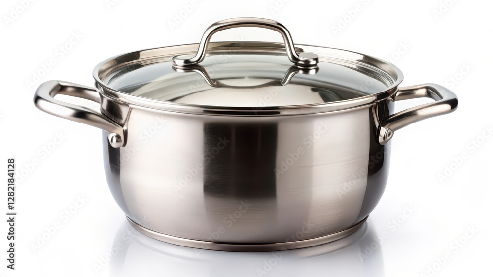 Stainless Steel Stock Pot with Glass Lid on White Background Stainless Steel Stock Pot with Glass Lid on White Background