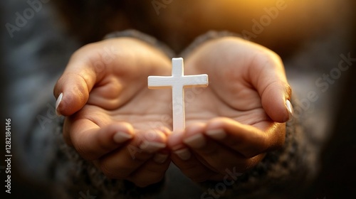 Hands holding cross in prayer, warm light outdoors