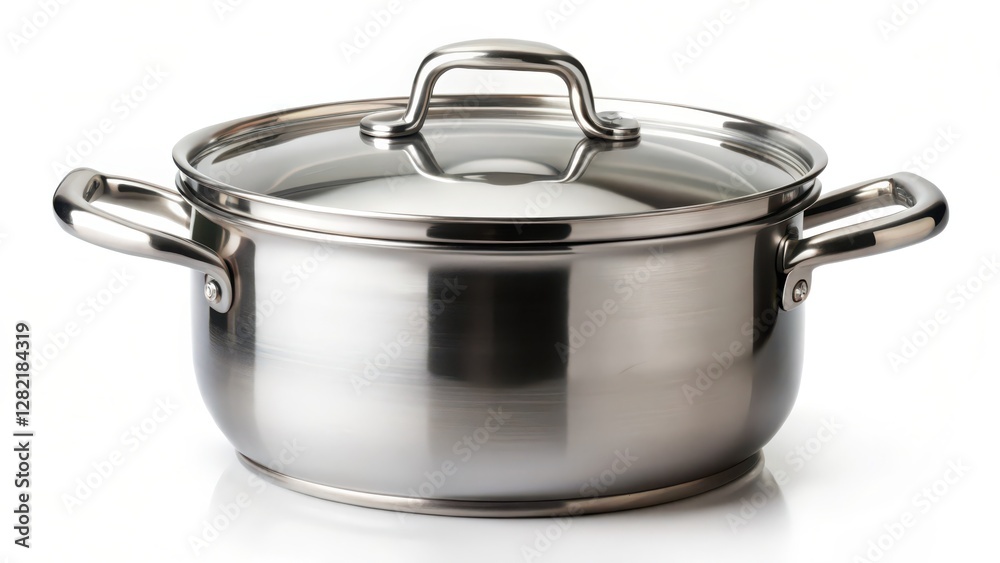 Stainless Steel Stock Pot with Glass Lid on White Background Stainless Steel Stock Pot with Glass Lid on White Background