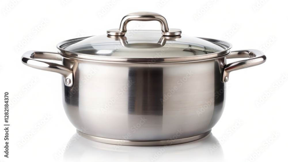 Stainless Steel Stock Pot with Glass Lid, White Background