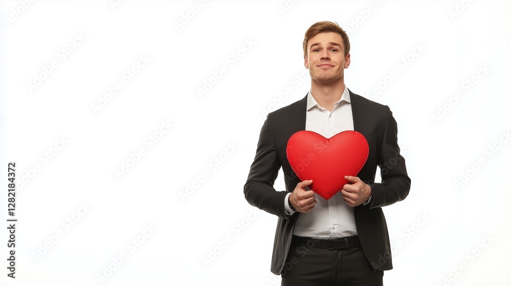 Confident Young Man in Suit Holding Red Heart Pillow Expressing Love and Romance Confident Young Man in Suit Holding Red Heart Pillow Expressing Love and Romance