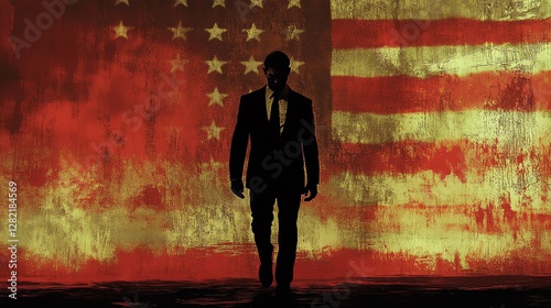 A shadowy figure in a suit walks forward against a grungy, weathered American flag backdrop, evoking themes of power, corruption, and political unrest.