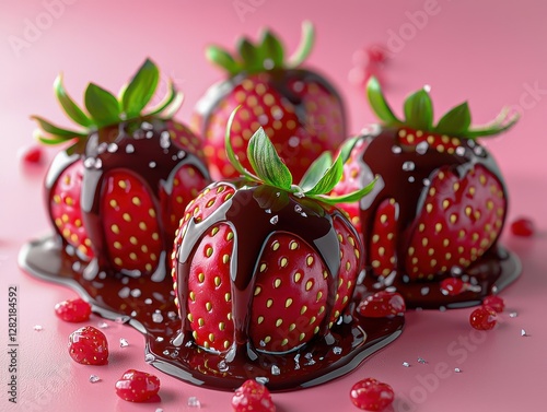 Fresh strawberries covered in chocolate on a pink background
