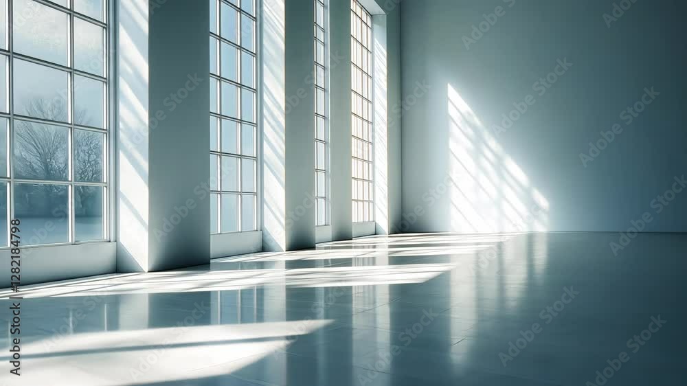 Sunlit Modern Interior: Architectural Photography of a Spacious Room with Large Windows
