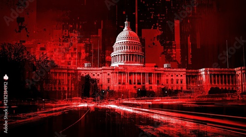 A glitchy, red-tinted digital interpretation of the U.S. Capitol, symbolizing cyber dystopia, political instability, and digital surveillance in a futuristic, chaotic world.