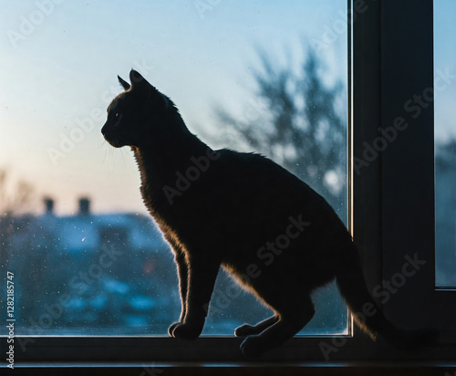 Cat Silhouette at the Window During Evening Twilight photo