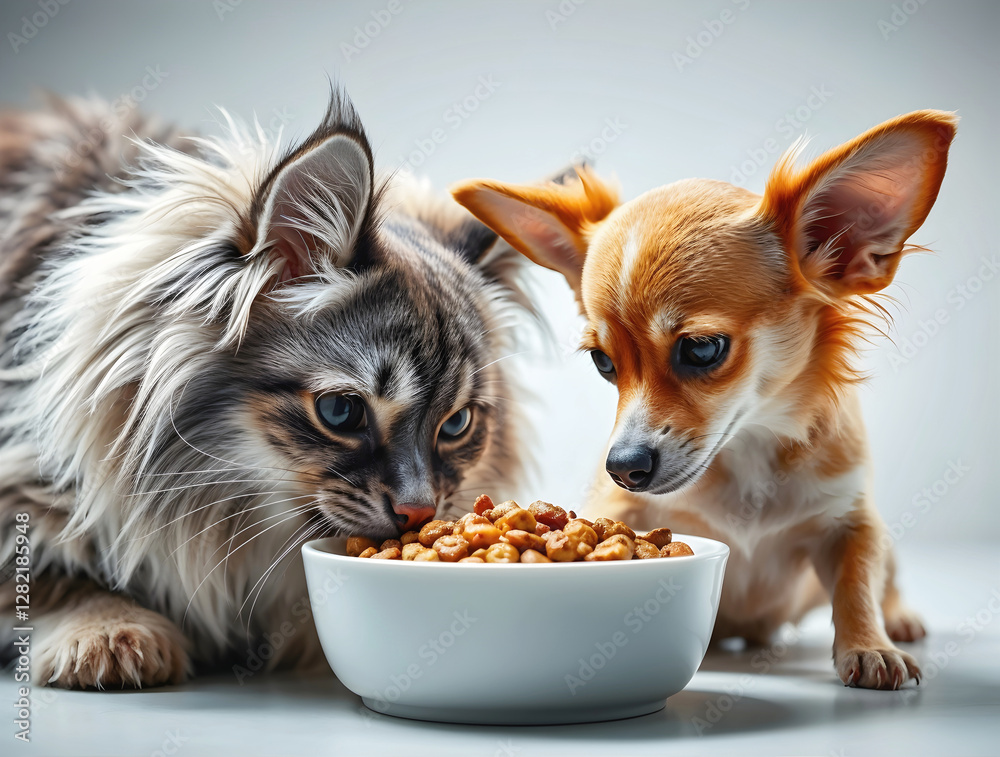 Adorable little dog and cute Maine coon cat eating food together from blank white bowl, animals and wildlife, white background