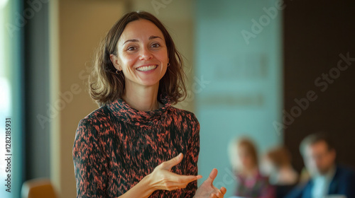 A lovely European woman coach conducts a staff seminar, solicits feedback, answers questions from participants in a corporate workshop, smiles, and enjoys an engaging discussion in the boardroom 