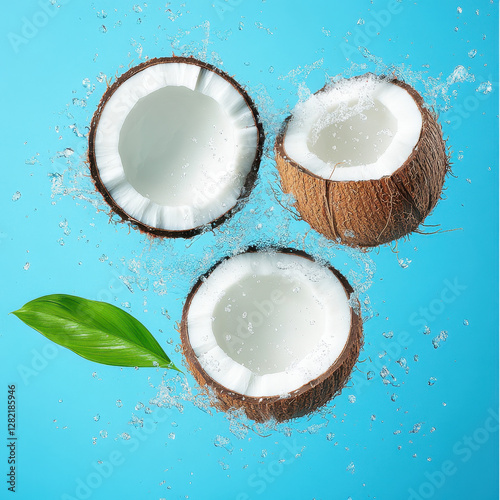 Fresh Coconut Halves Splashing Water on Vibrant Blue Background
