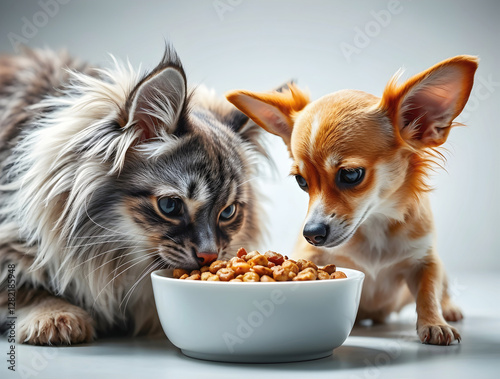 Obraz na płótnie Adorable little dog and cute Maine coon cat eating food together from blank white bowl, animals and wildlife, white background
w salonie