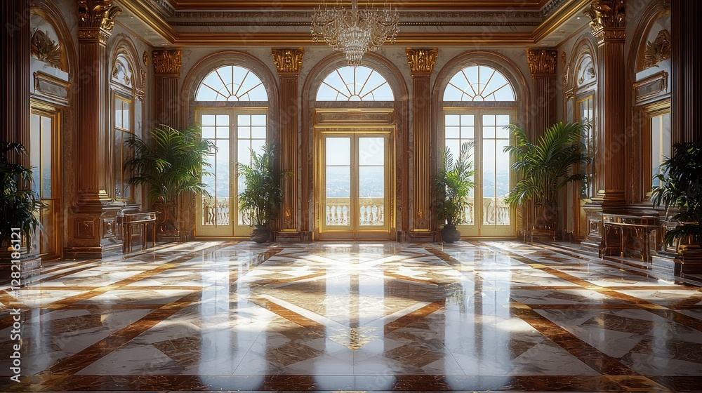 Obraz premium Grand ballroom with ocean view, sunny, opulent, ideal for events or luxury