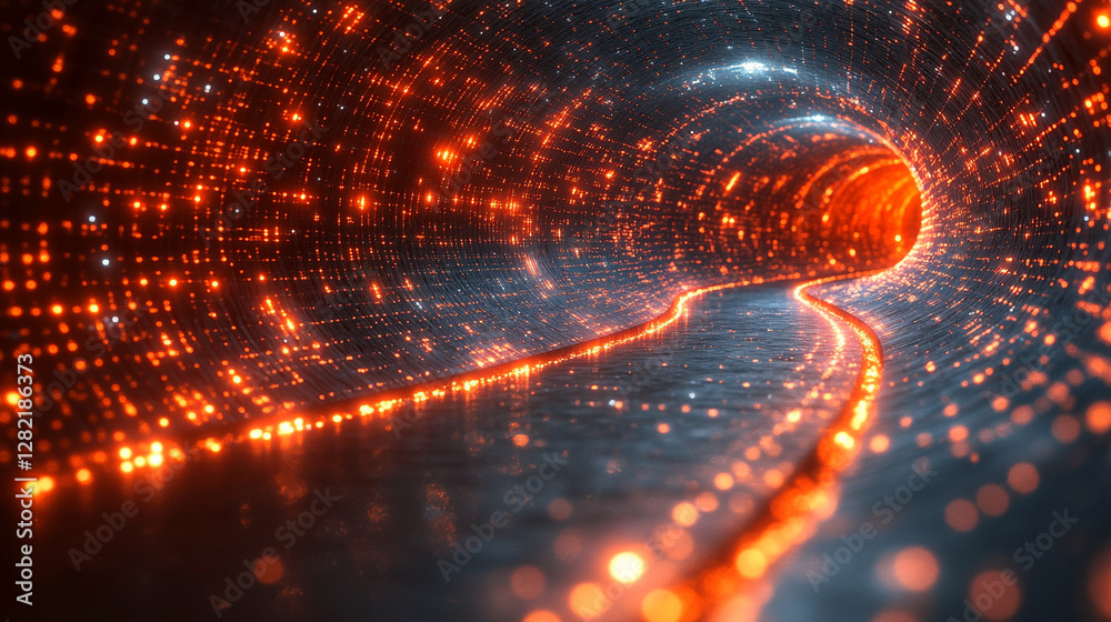 Dynamic digital stream of binary code forming twisted tunnel in cyberspace symbolizing high-speed internet global connectivity and big data flow in modern digitalization era Dynamic digital stream of binary code forming twisted tunnel in cyberspace symbolizing high-speed internet global connectivity and big data flow in modern digitalization era