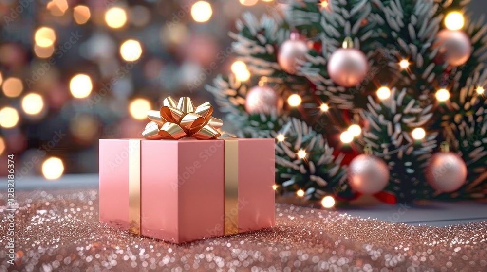 Festive Pink and Gold Gift Box with Christmas Tree - Holiday Celebration and New Year's Concept Festive Pink and Gold Gift Box with Christmas Tree - Holiday Celebration and New Year's Concept