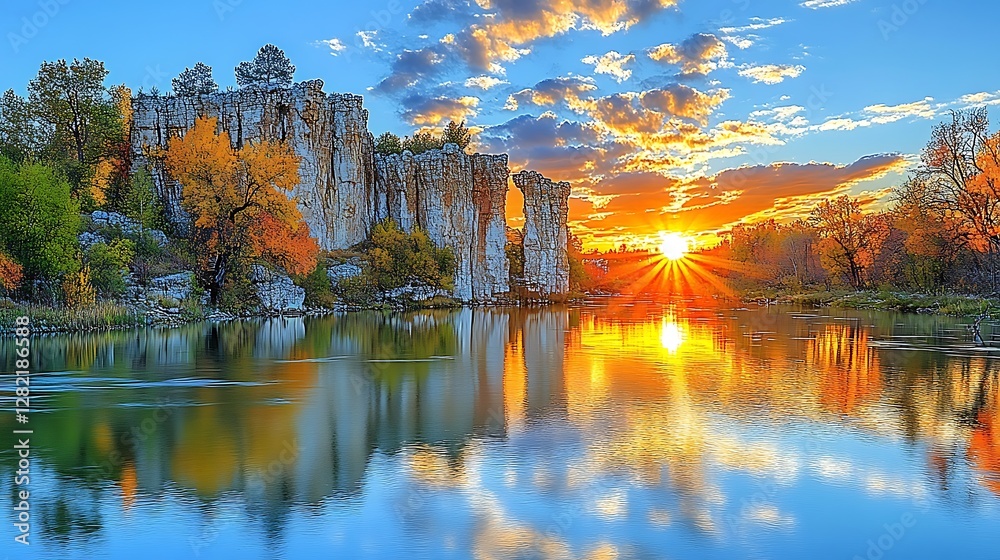 Naklejka premium A serene fjord with steep cliffs and tranquil waters reflecting the colors of the sky