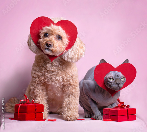 Mini-poodle and sphinx cat posing with gift boxes. 