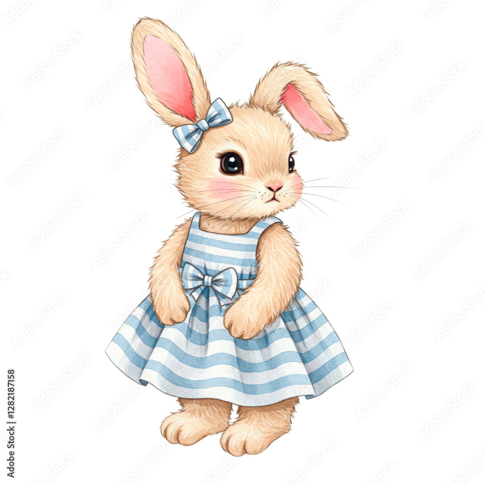Obraz premium Adorable Tan Bunny in Blue Striped Dress - Whimsical Spring Easter Art Design
