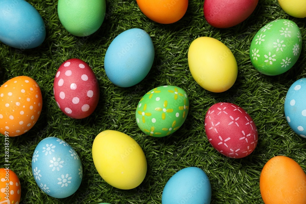 Beautiful decorated Easter eggs on green grass, flat lay Beautiful decorated Easter eggs on green grass, flat lay