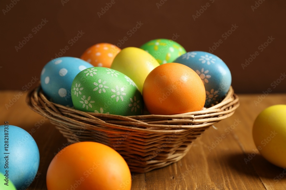 Beautiful decorated Easter eggs and wicker bowl on wooden table, closeup Beautiful decorated Easter eggs and wicker bowl on wooden table, closeup