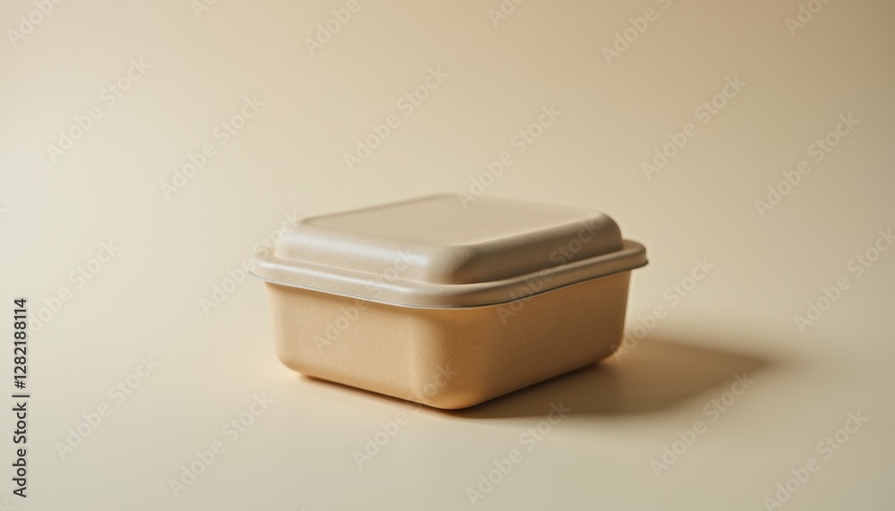 Photorealistic biodegradable lunch box with a smooth, eco-friendly finish, displayed on a neutral background, highlighting its sustainable and functional design with copy space Photorealistic biodegradable lunch box with a smooth, eco-friendly finish, displayed on a neutral background, highlighting its sustainable and functional design with copy space