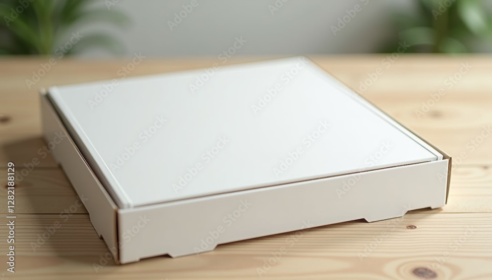 Fototapeta premium Mockup of a white pizza box with a clean, modern design, set on a light wooden table with soft natural lighting, ideal for food delivery branding with copy space