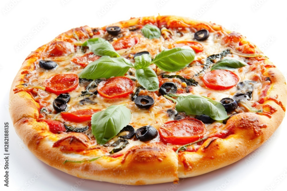 Pizza Capricciosa, Traditional Italian Pizza with Tomato Sauce, Mozzarella Cheese, Ham, Mushrooms, Artichokes, and Olives, Delicious Pizza Capricciosa Isolated on White on a Background with Copy Space Pizza Capricciosa, Traditional Italian Pizza with Tomato Sauce, Mozzarella Cheese, Ham, Mushrooms, Artichokes, and Olives, Delicious Pizza Capricciosa Isolated on White on a Background with Copy Space