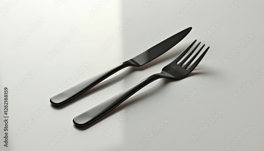 Black plastic fork and knife mockup with a glossy finish, placed on a clean neutral surface with soft reflections, creating a sleek and stylish presentation with copy space