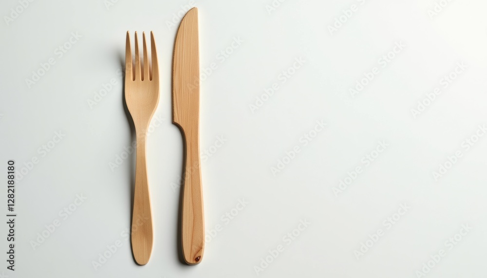 Realistic mockup of wooden fork and knife set, placed on clean white surface with soft shadows, emphasizing eco-friendly design Realistic mockup of wooden fork and knife set, placed on clean white surface with soft shadows, emphasizing eco-friendly design