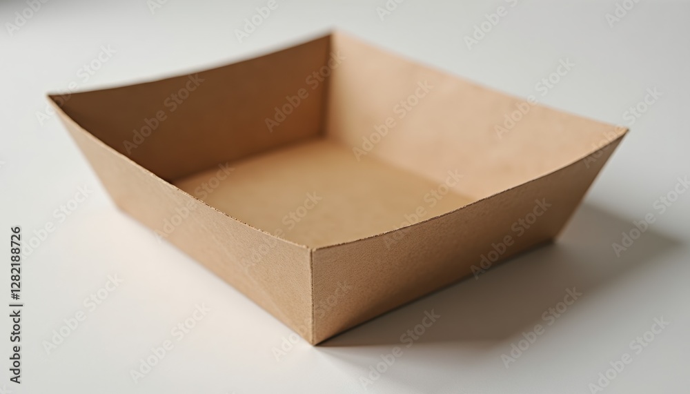 Realistic mockup of brown paper tray with natural texture, placed neatly on flat surface with soft shadows Realistic mockup of brown paper tray with natural texture, placed neatly on flat surface with soft shadows