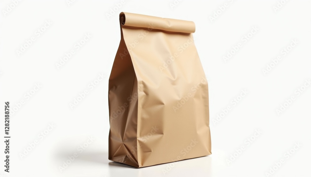 Plain kraft paper food bag, standing upright with subtle folds, isolated on a clean white background with high detail and soft shadows Plain kraft paper food bag, standing upright with subtle folds, isolated on a clean white background with high detail and soft shadows