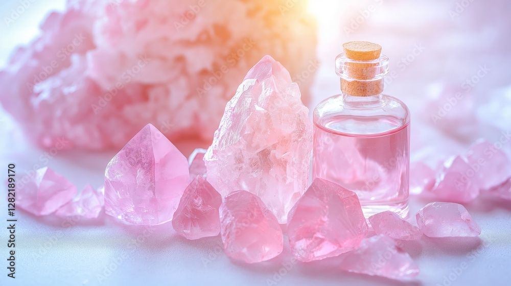 collection of rose quartz crystals, placed neatly next to a small bottle of rose water, with a soft white background highlighting the gentle glow of the crystals collection of rose quartz crystals, placed neatly next to a small bottle of rose water, with a soft white background highlighting the gentle glow of the crystals