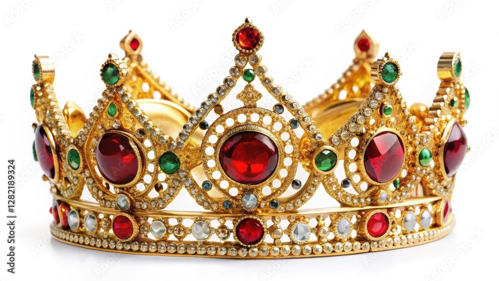 Fototapeta premium Gold Crown with Red and Green Gemstones on White Background