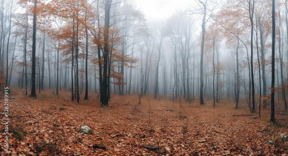 A mystical forest with fog, cyan and orange colors, autumn trees, fallen leaves on the ground.
A mystical forest with fog, cyan and orange colors, autumn trees, fallen leaves on the ground.