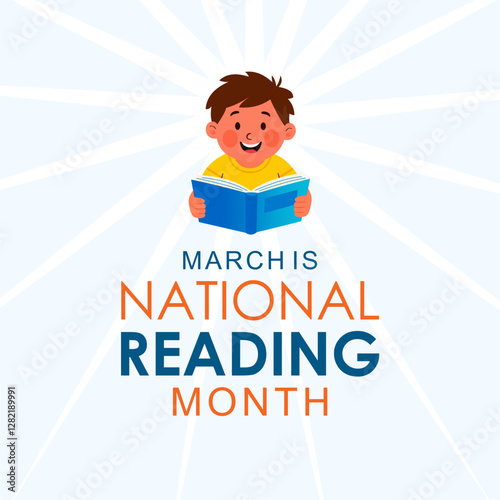 March Is National Reading Month vector. Happy smiling child boy with book cartoon character. Best for banners foster, care and social media posts.
