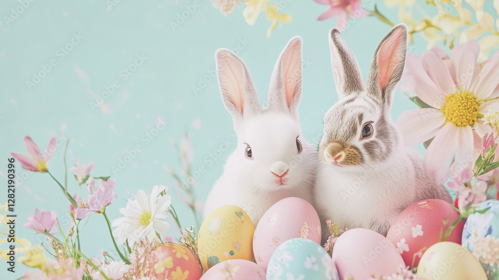 Obraz premium Two adorable rabbits sitting among pastel Easter eggs and spring flowers with a soft turquoise background