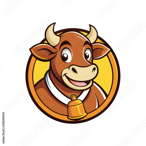 Brown Cow with Bell - Vector Illustration, Clipart & Line Art on White Background, Brown cow with a bell vector illustration, perfect for clipart, cartoons, and line art designs.