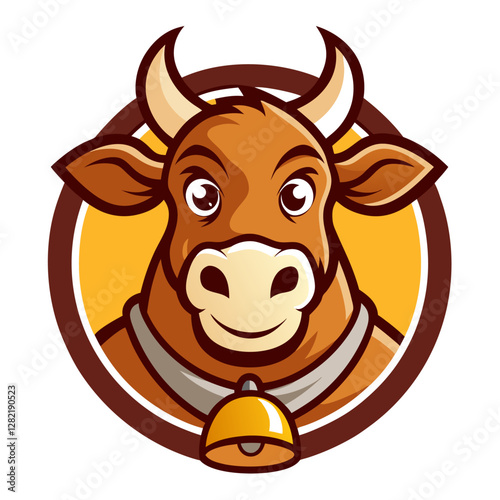 Brown Cow with Bell - Vector Illustration, Clipart & Line Art on White Background, Brown cow with a bell vector illustration, perfect for clipart, cartoons, and line art designs.