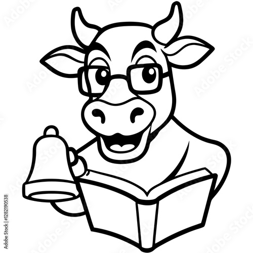 Brown Cow with Bell - Vector Illustration, Clipart & Line Art on White Background, Brown cow with a bell vector illustration, perfect for clipart, cartoons, and line art designs.