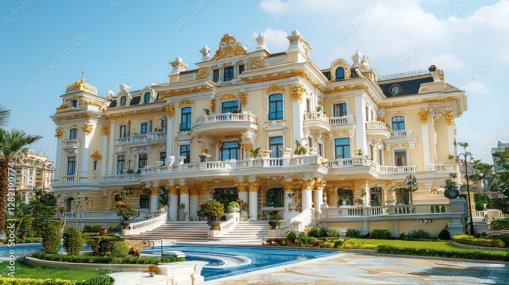 Grand mansion exterior with garden, pool, and city backdrop Grand mansion exterior with garden, pool, and city backdrop
