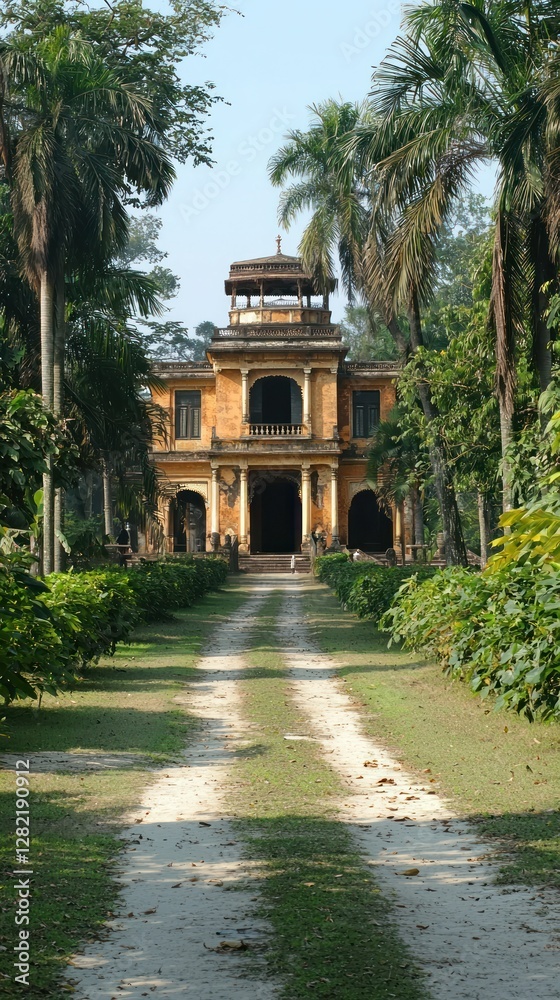 Grand mansion amidst lush greenery, accessible via a dirt road Grand mansion amidst lush greenery, accessible via a dirt road