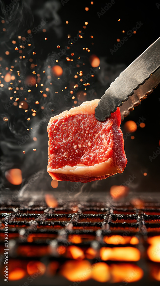 Juicy Raw Steak Being Grilled with Flames and Smoky Background
