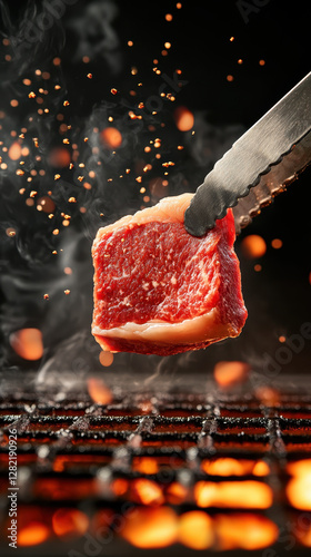 Obraz na płótnie Juicy Raw Steak Being Grilled with Flames and Smoky Background w salonie