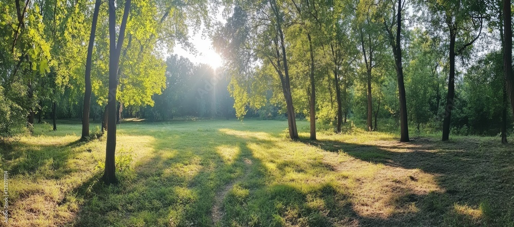 Fototapeta premium A panoramic photograph of an enchanting forest with tall trees and lush green foliage.