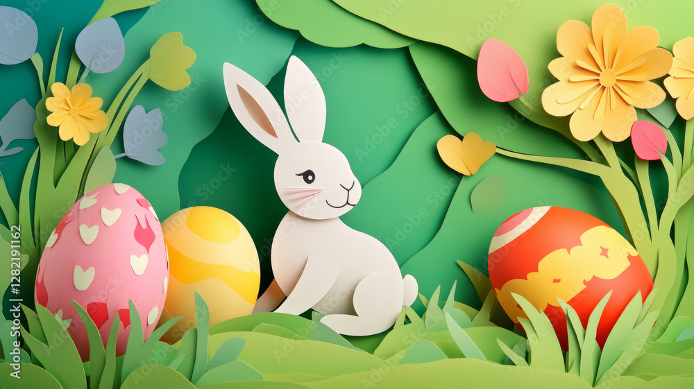 Obraz premium Easter Paper Cut Illustration with Cute Bunny and Colorful Eggs