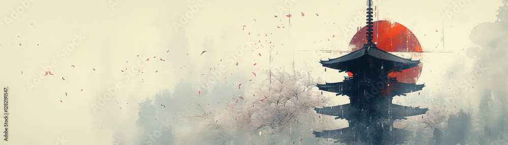 Serene Japanese Pagoda at Sunset with Cherry Blossoms and Red Sun