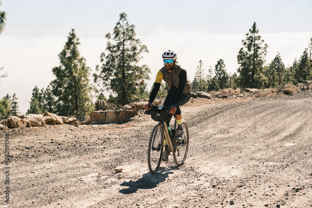 Fototapeta premium A cyclist enjoys a scenic gravel road ride through a pine forest. Sunlight illuminates the trail and the cyclist's journey. Perfect for adventure, travel, and outdoor lifestyle imagery.