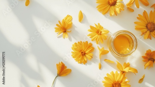 handful of dried calendula flowers, placed beside a small glass jar of calendula oil, all set on a pure white surface with subtle light reflection
