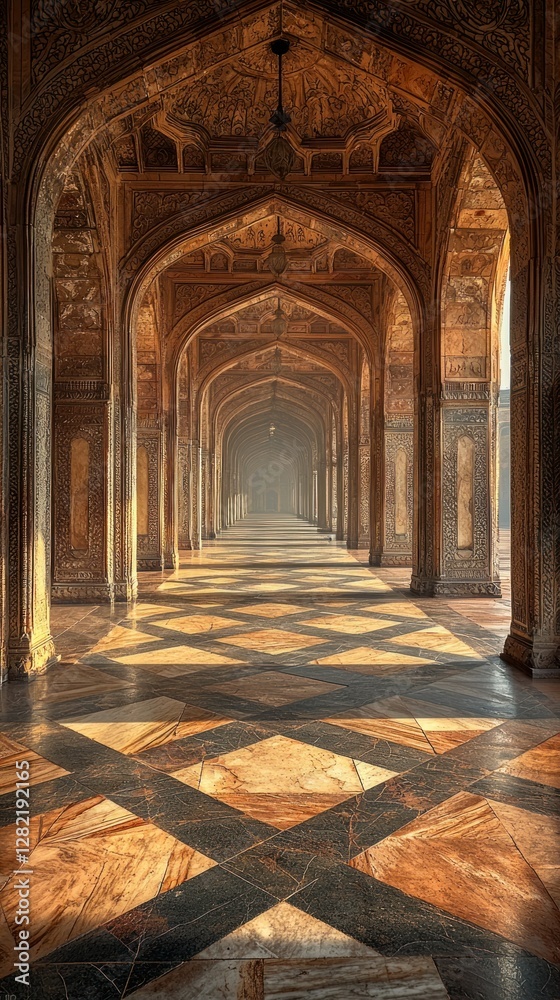 Fototapeta premium Grand mosque hallway with ornate arches, checkered floor, soft light, architectural study