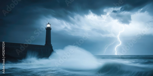 Ocean waves crash against a lighthouse building during a storm, lightning flash the sky 